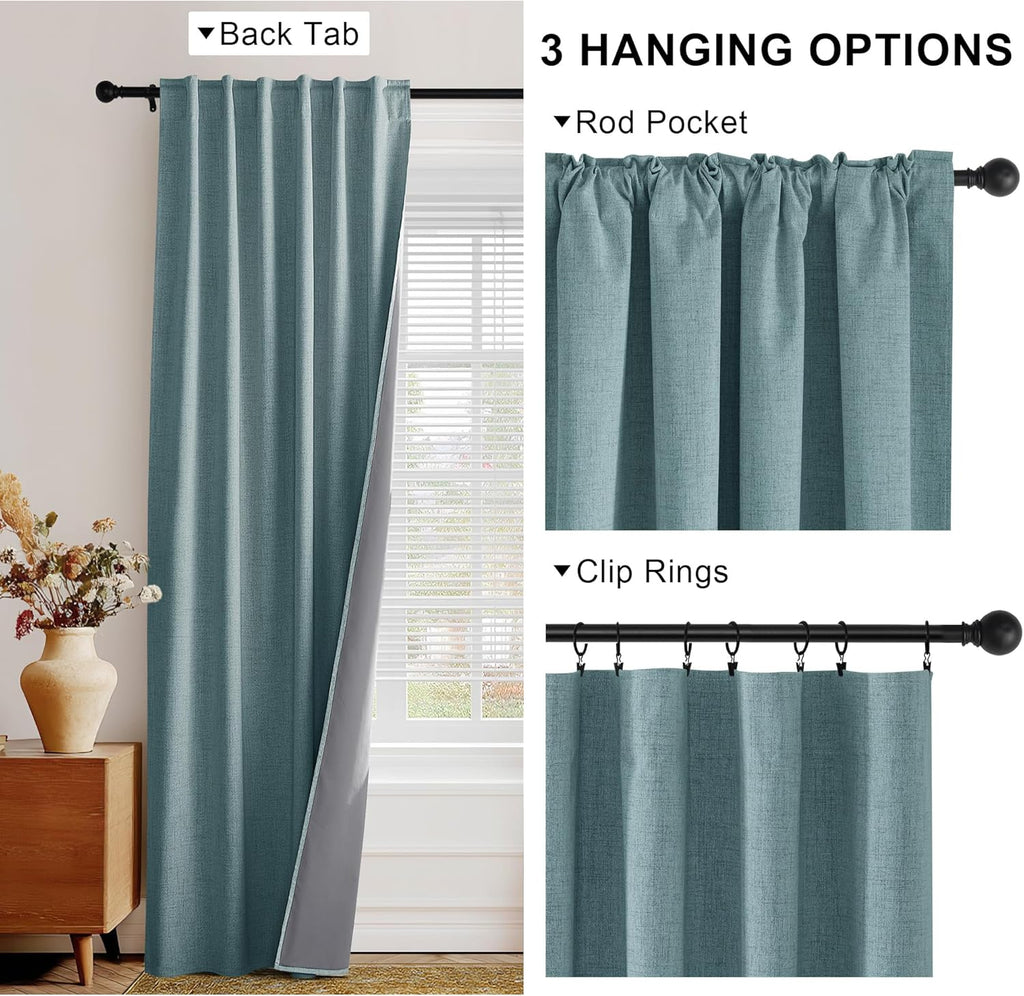 Linen 100% Blackout Curtains 96 inches Long for Bedroom Living Room Darkening Full Black Out Rod Pocket Back Tab