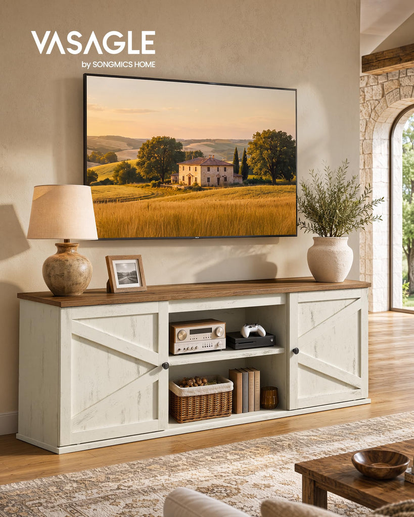 Farmhouse TV Stand for 80'' TV, Media Console, Sliding Barn Doors