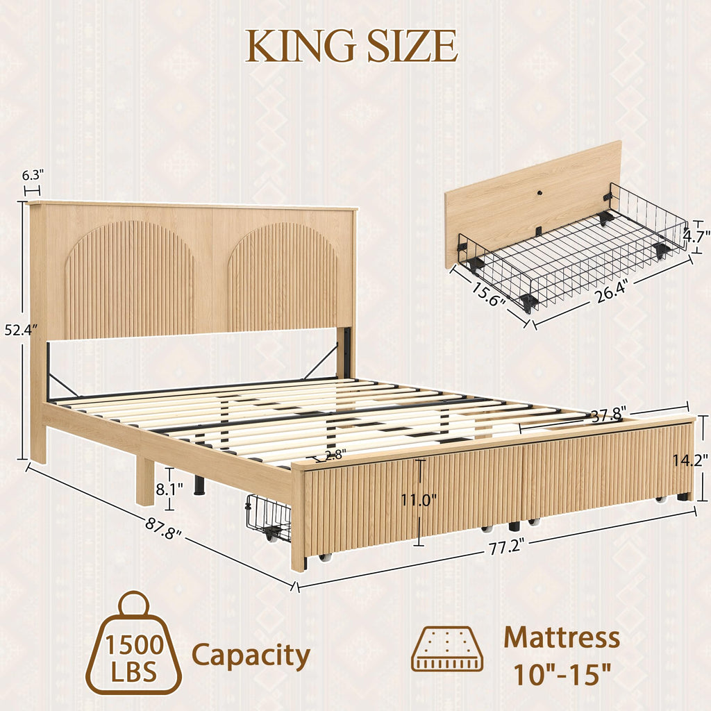 King Bed Frame with 52.4" Tall Headboard, Fluted Bed Frame with 2 Storage Drawers, Modern Arched Reeded Wooden