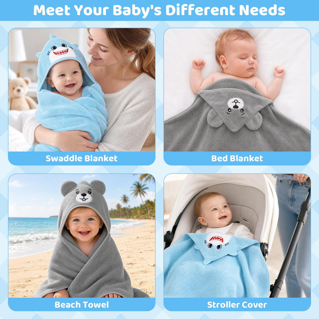 6 PCS Baby Bath Towels Set for Newborn Essentials (Shark, Bear)