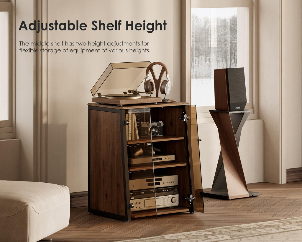 4-Tier Media Stand with Brown Glass Doors & Wooden Shelf, Walnut