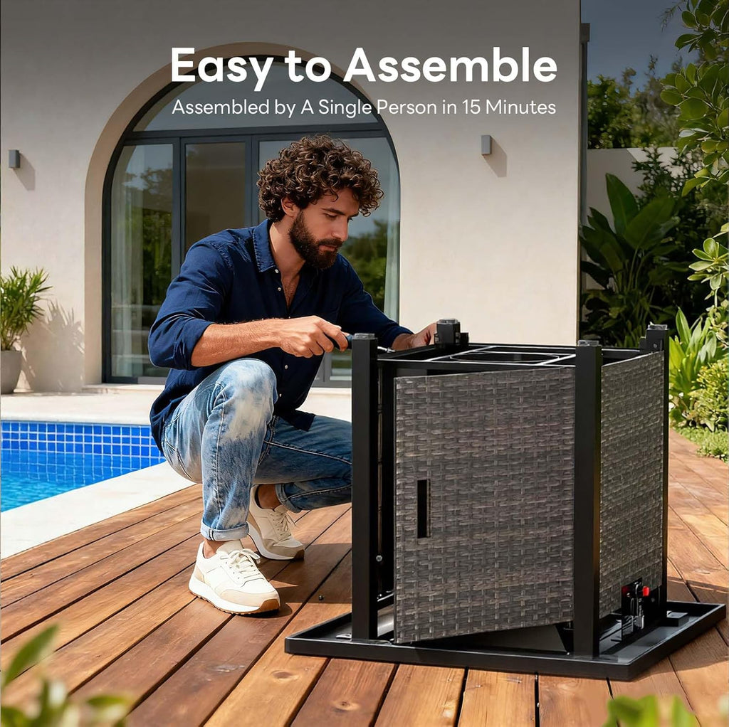 28” Outdoor Fire Pit Table 50,000 BTU, 2-in-1 Rattan Propane Firepit Table with Glass Stones & Lid, Square Fire Table for Patio, Backyard, Deck, or - Image 6