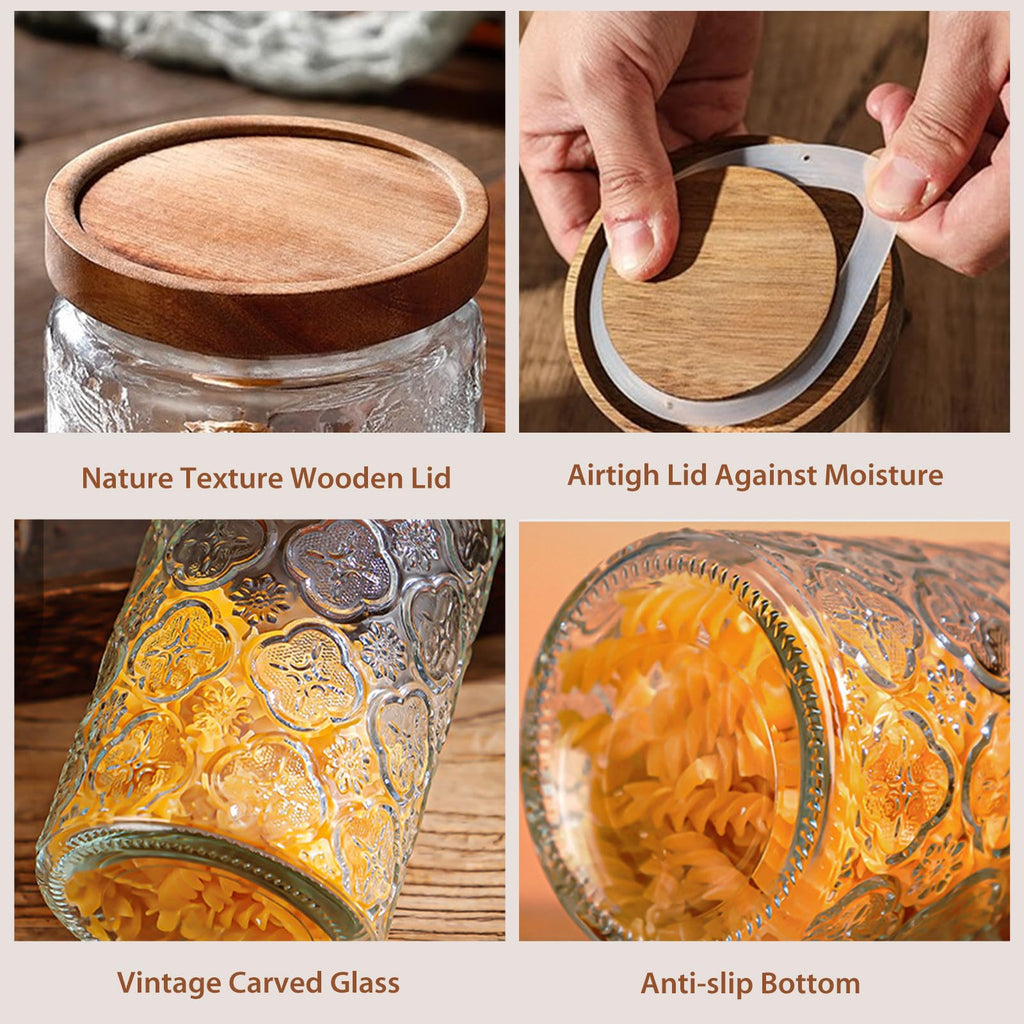 24 OZ/2 PCS Glass Storage Jar with Airtight Bamboo Wooden Lids, Vintage Food Containers Canisters Sets Counter