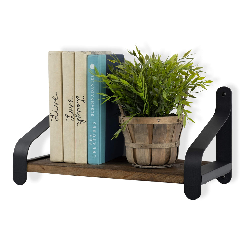 Rustico 16" Floating Wall Bookshelf with Cast Iron Brackets Wall Mounted Reclaimed Solid Wood Floating Industrial