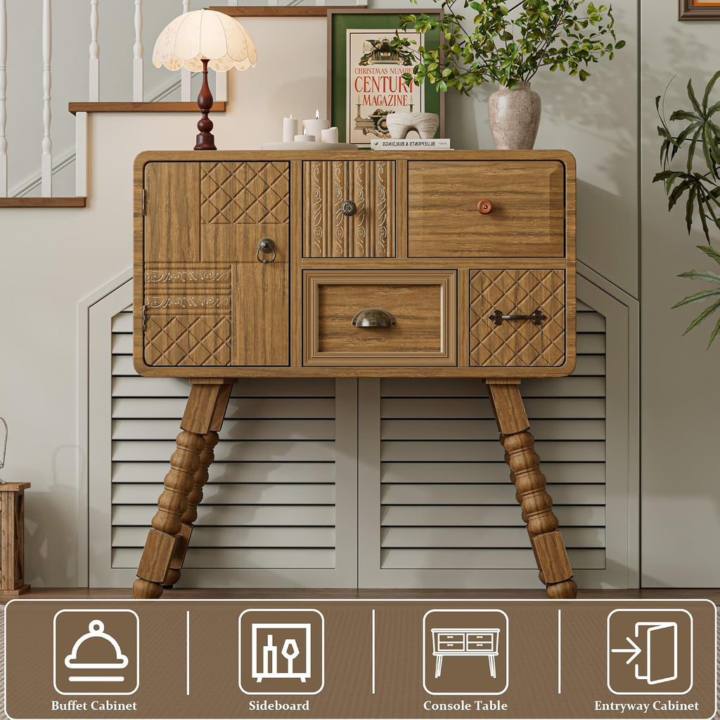 Boho Accent Cabinet with 4 Drawers and Door, Full Assembled Vintage Storage Chest, Hand-Carved Decorative Cabinet