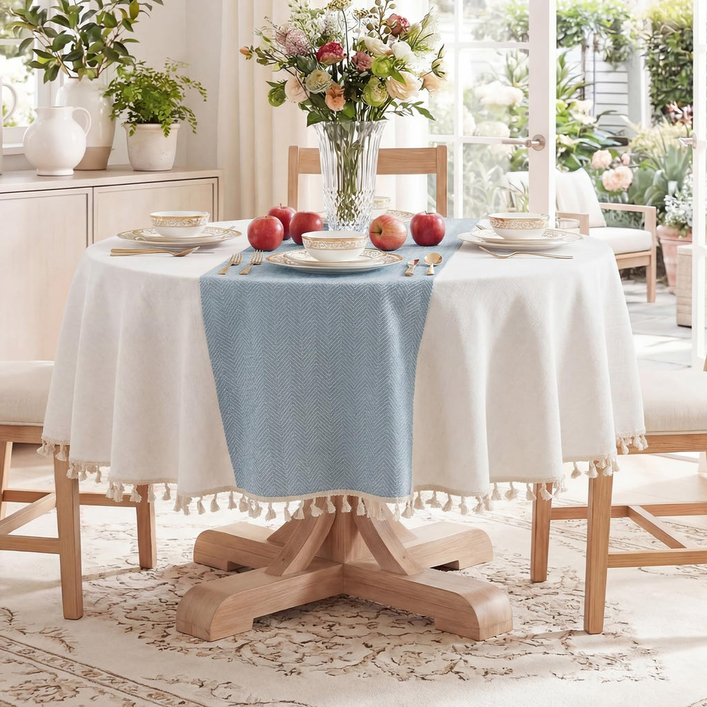 Outdoor Linen Round Tablecloth with Tassel, 55 x 55 Inch