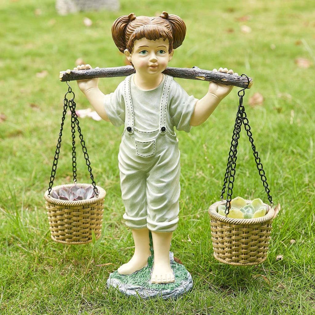 Large Flowers Girl Garden Statue In Stone, Flower & Succulent Planter, Pot Carrying Plants, Pots, Adorable Yard Decor