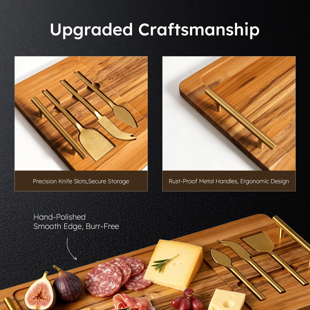 Teak 22 Inch Large Charcuterie Boards for Party with Cheese Knife Set of 3 with Handles Extra Long Wooden Serving