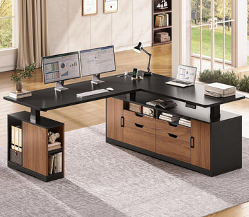 Modern L Shaped Executive Electric Standing Desk with 4 Drawers | 69" x 55" Height Adjustable Office Desk with