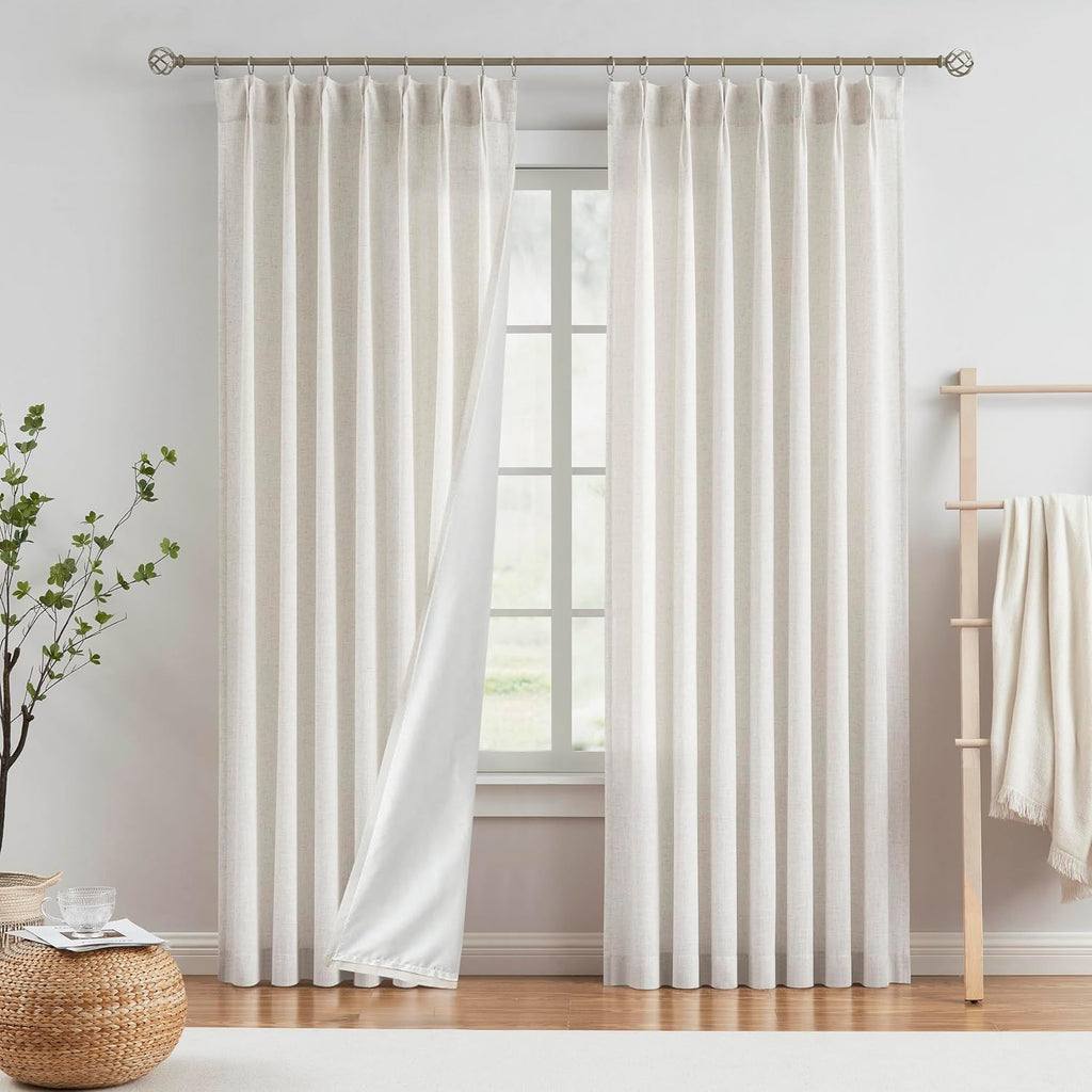 Natural Pinch Pleated Light Filtering Curtains with Microfiber Liner 90 inch Linen Blended Textured Privacy Drapes