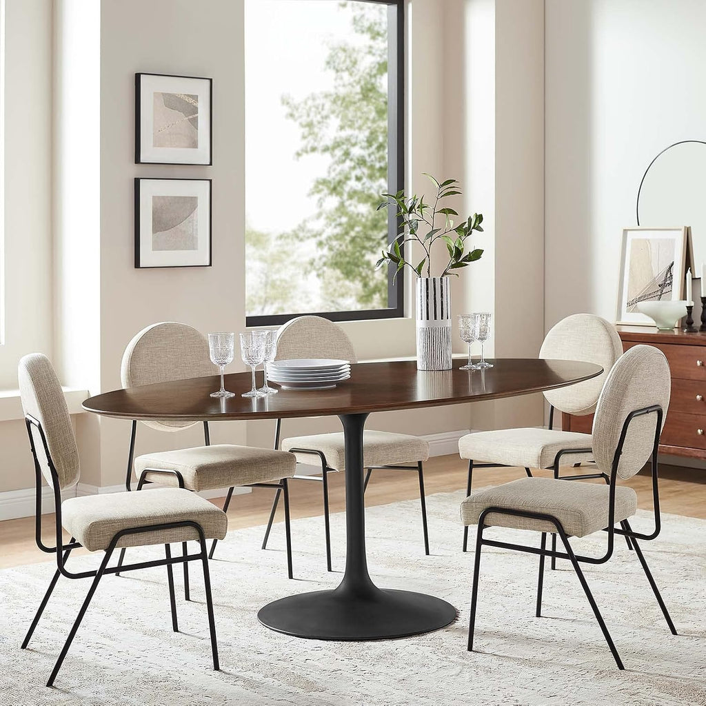 Inspired Tulip Style Oval Pedestal Dining Table — Black Base / Walnut Top, 78″ Oval