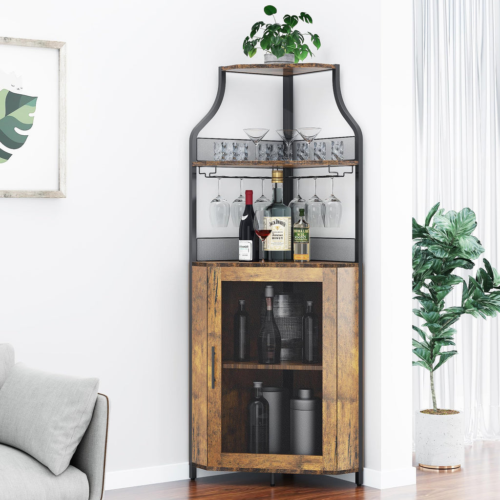 Corner Wine Cabinet, Wine and Glass Rack, Freestanding Liquor Cabinet Bar Cupboard with Storage Shelves (Rustic Brown)