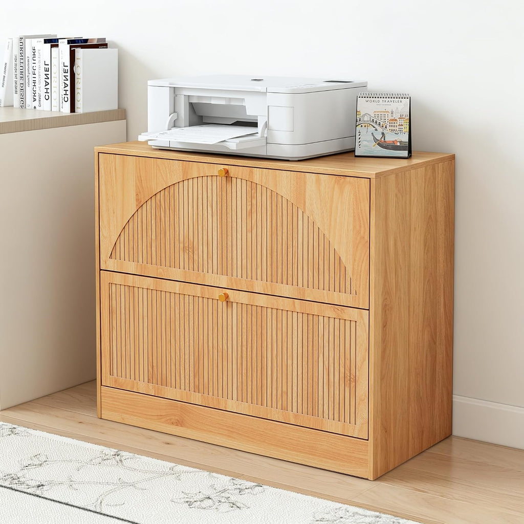 Fluted 2 Drawer Office Lateral File Cabinet | Mid-Century Modern, Hanging Rod, A4/Legal/Letter, Ultra-deep Drawers