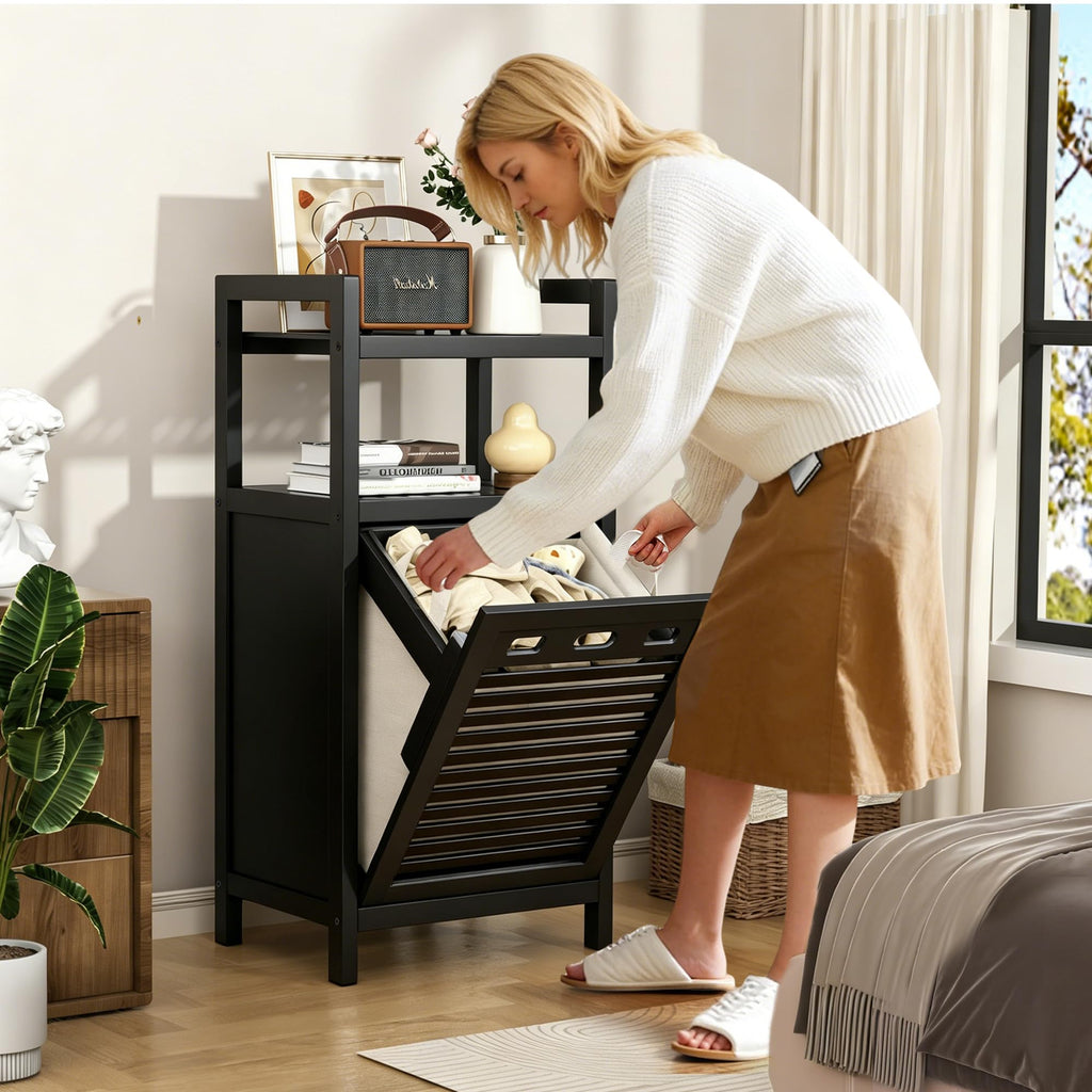 Tilt Out Laundry Hamper, Bamboo Laundry Storage Cabinet with Shelf, 10 Gal Hidden Laundry Basket Organizer, Laundry