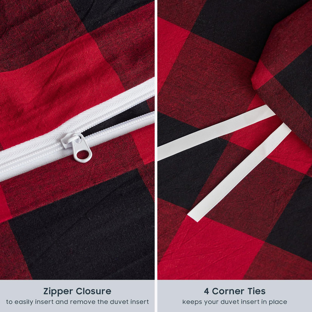 Gingham Cotton Duvet Cover Set, Plaid Buffalo Check Checkered Farmhouse, 100% Washed Cotton Textured Bedding Set, 3