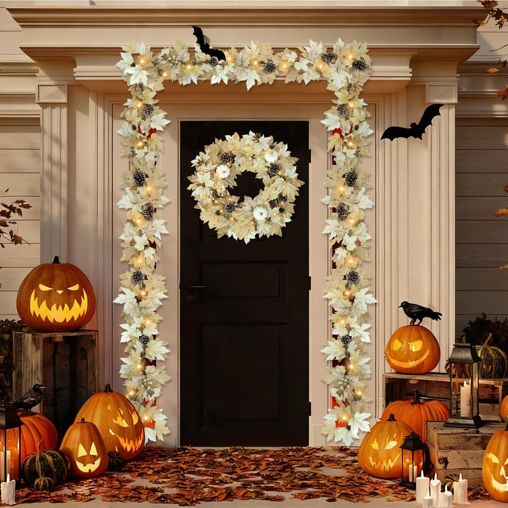 6 FT Fall Garland with Lights & Timer with Berries Pine Cones