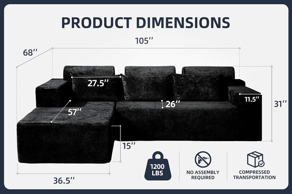 Homguava Modular Sectional Couches for Living Room,105" Cloud Couch with L-Shape Chaise,Comfy Sofa Living Room Couch