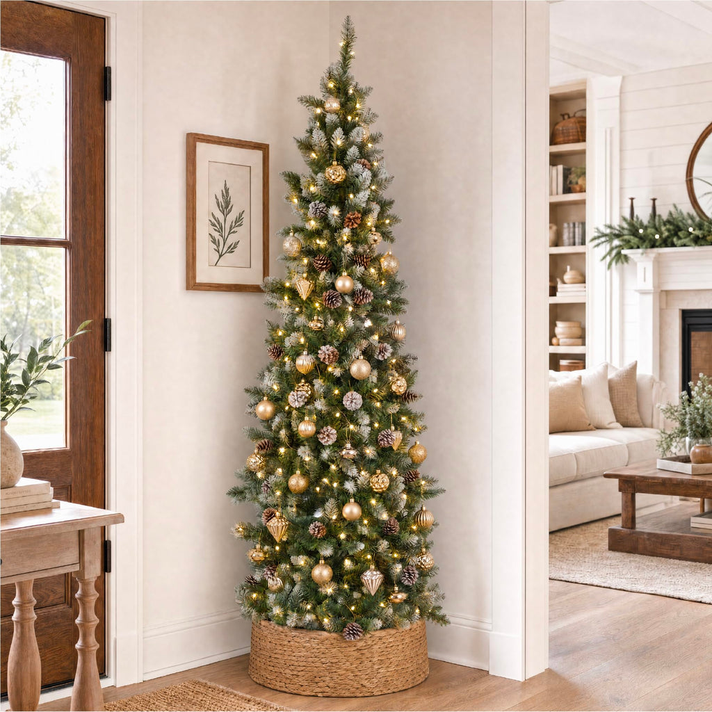 12ft Pre-lit Pencil Christmas Tree Pine w/Warm White Lights Partially Flocked Frosted Slim Holiday Decoration Skinny
