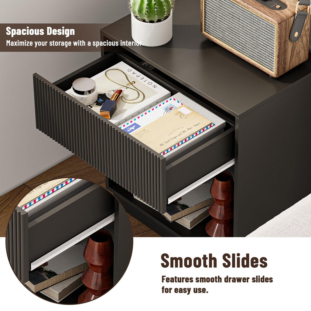 Fluted Nightstands Set of 2, Modern Bedside Table with Storage Drawer and Open Wood Shelf, Wood End Table Mid Century