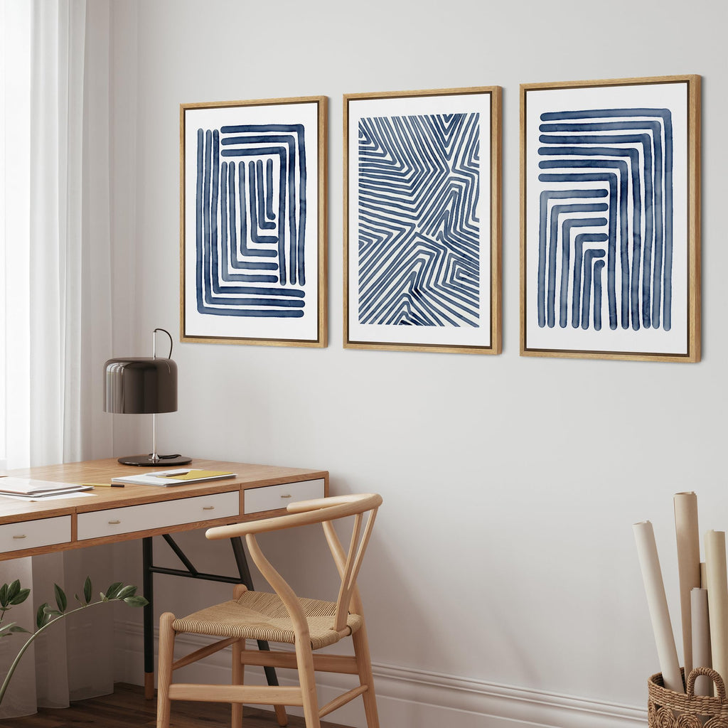 Framed Canvas Print Wall Art Set Navy Blue Stripe Polygon Pattern Collage Abstract Geometric Illustrations Decorative