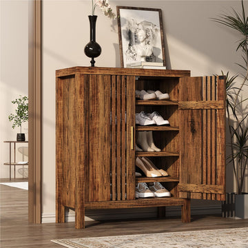 Wooden Shoes Cabinet with Adjustable Shelves, Retro Freestanding Shoe Organizer Cabinet Hallway Living Room, 5-Tier