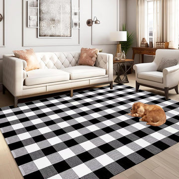 Buffalo Plaid Outdoor Rug Washable Rugs,Black and White Checkered Rug,Cotton Hand-Woven Indoor or Outdoor
