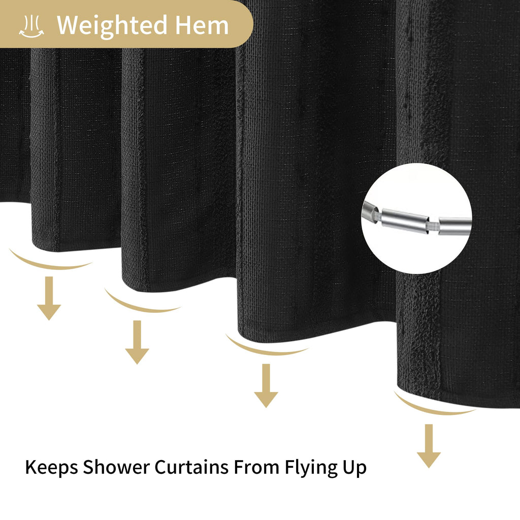 Extra Long Black Shower Curtain Boho, 72 x 84 Cotton Blend Waffle Weave Stripe Textured Heavy Duty, Fabric Shower