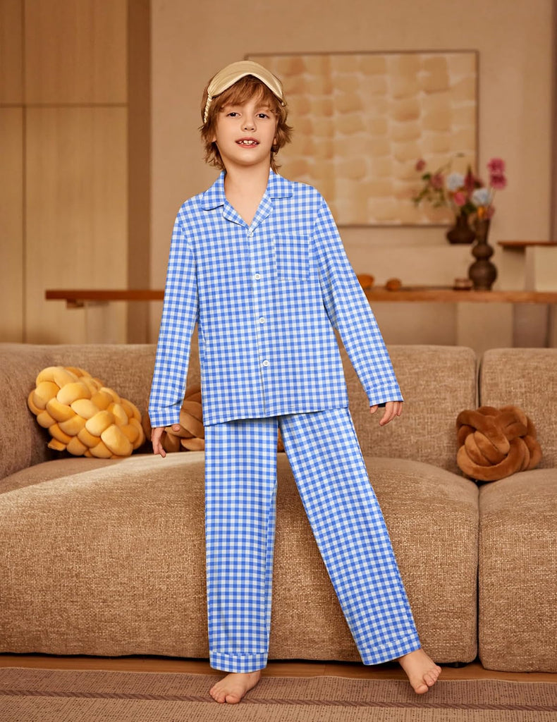 Boys Pajamas Set Long Sleeve Button-Down Sleepwear 2 Piece Pjs Set for Boys
