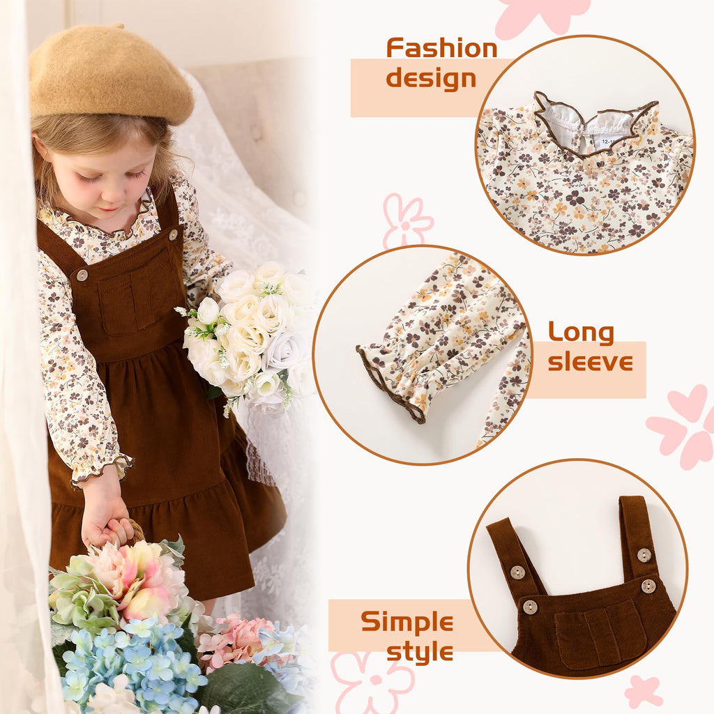 Toddler Girl Clothes Long Sleeve Fall Outfits Ruffle Ribbed Floral Tops Overall Dress Set with Pocket