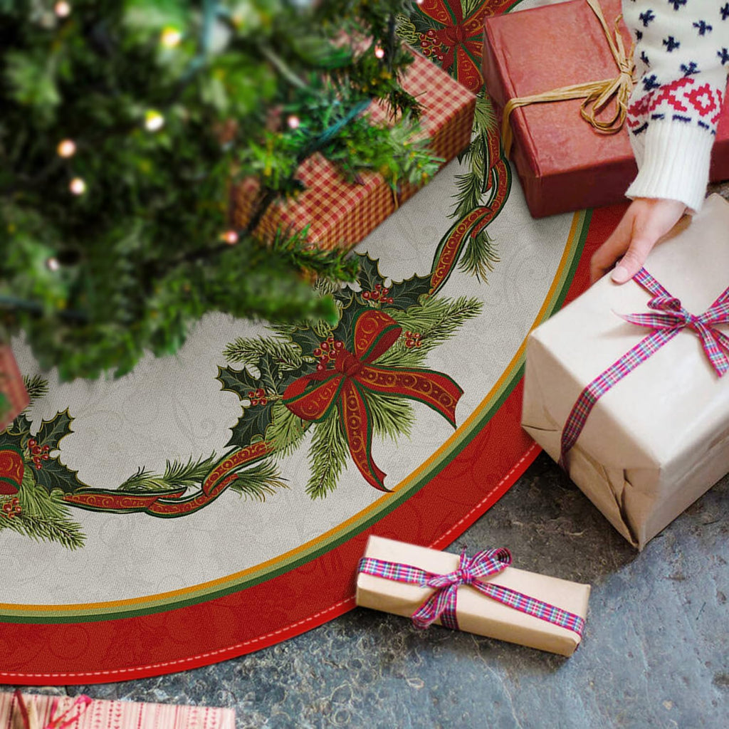 Christmas Tree Skirt 48 Inch, Christmas Ribbon Holly Winter Holiday Tree Mat Decoration