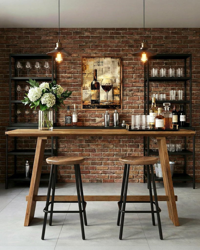 Solid Wood Bar Table, 61" Counter Height Table with Parquet Design Tabletop, Modern Farmhouse Kitchen Bar Table