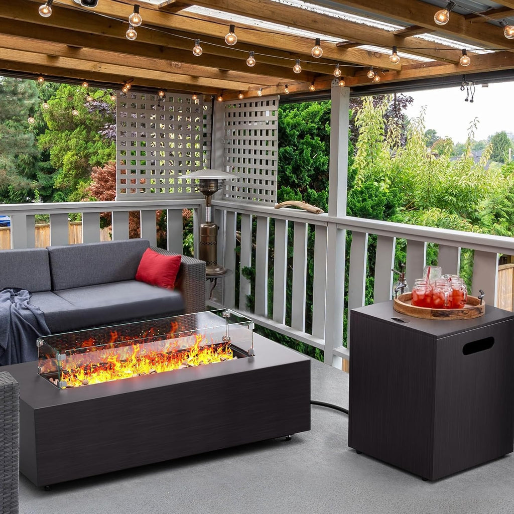 Fire Pit Table 50,000 BTU 42 Inch Rectangular Propane Fire Pit Outdoor with Wind Guard Glass, Lid, Rocks and Cover Gas Firepit