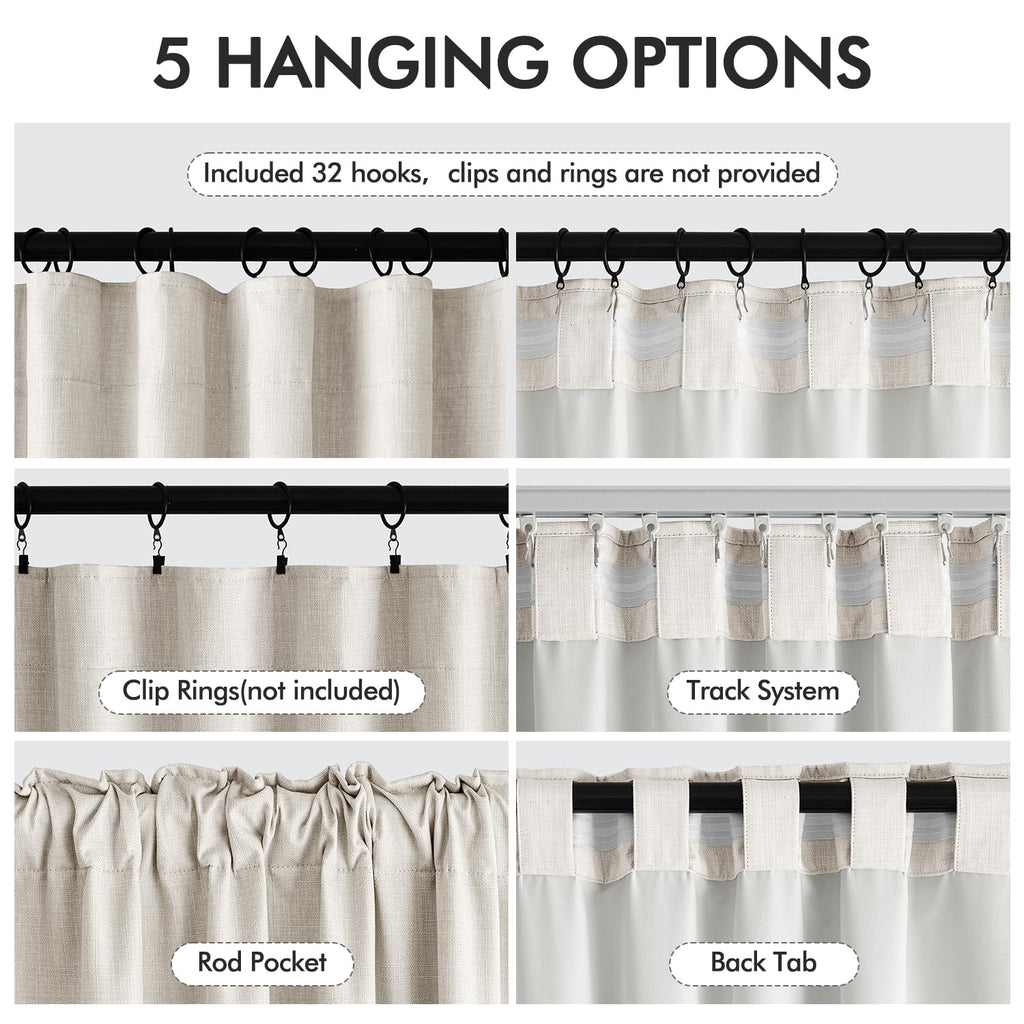 100% Blackout Back Tab Pleat Linen Curtains 50" Wx108 L, Birch
