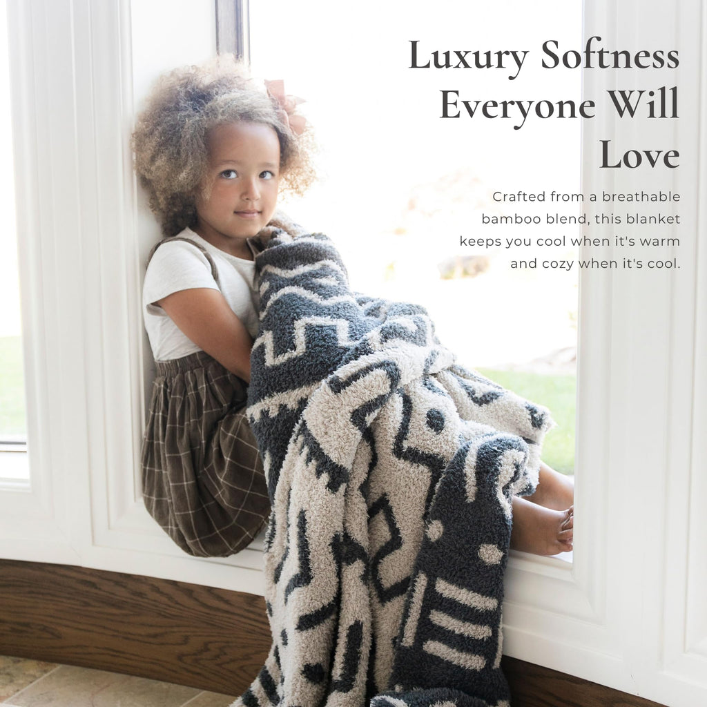 Mudcloth Throw Blanket Soft Plush Double Layer Cream Black 50"x60"