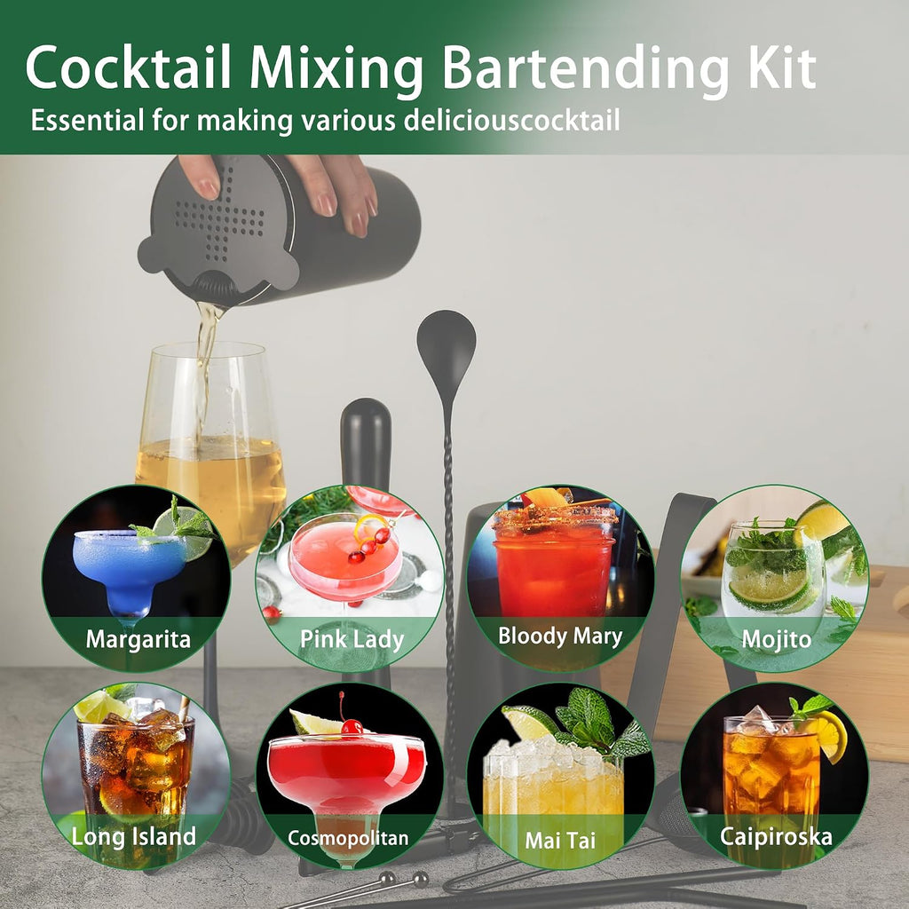 Cocktail Shaker Set Bartender Kit with Bamboo Stand, 15-Piece Stainless Steel Bar Set Accessories, Professional - Set of 15