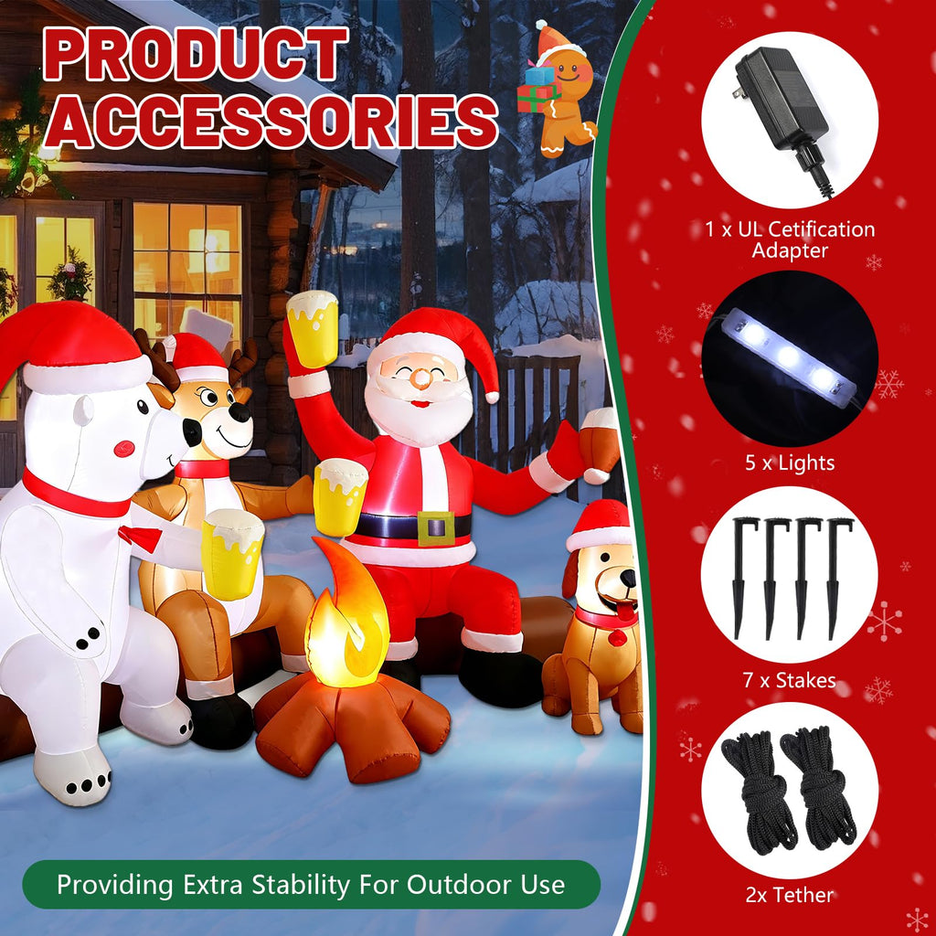 8FT Christmas Inflatable Outdoor Decoration with Built-in LEDs Lights, Blow-Up Santa Claus, Bear and Deer Keeping