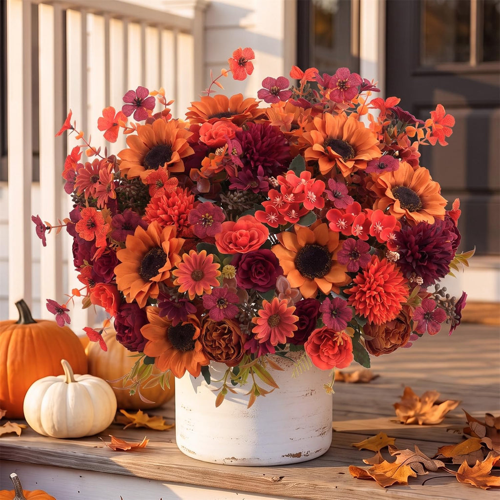 Mixed 10 Pcs Fall Artificial Sunflower Peony Bouquet, Burnt Orange Burgundy Silk Faux Flower, Autumn Faux Floral