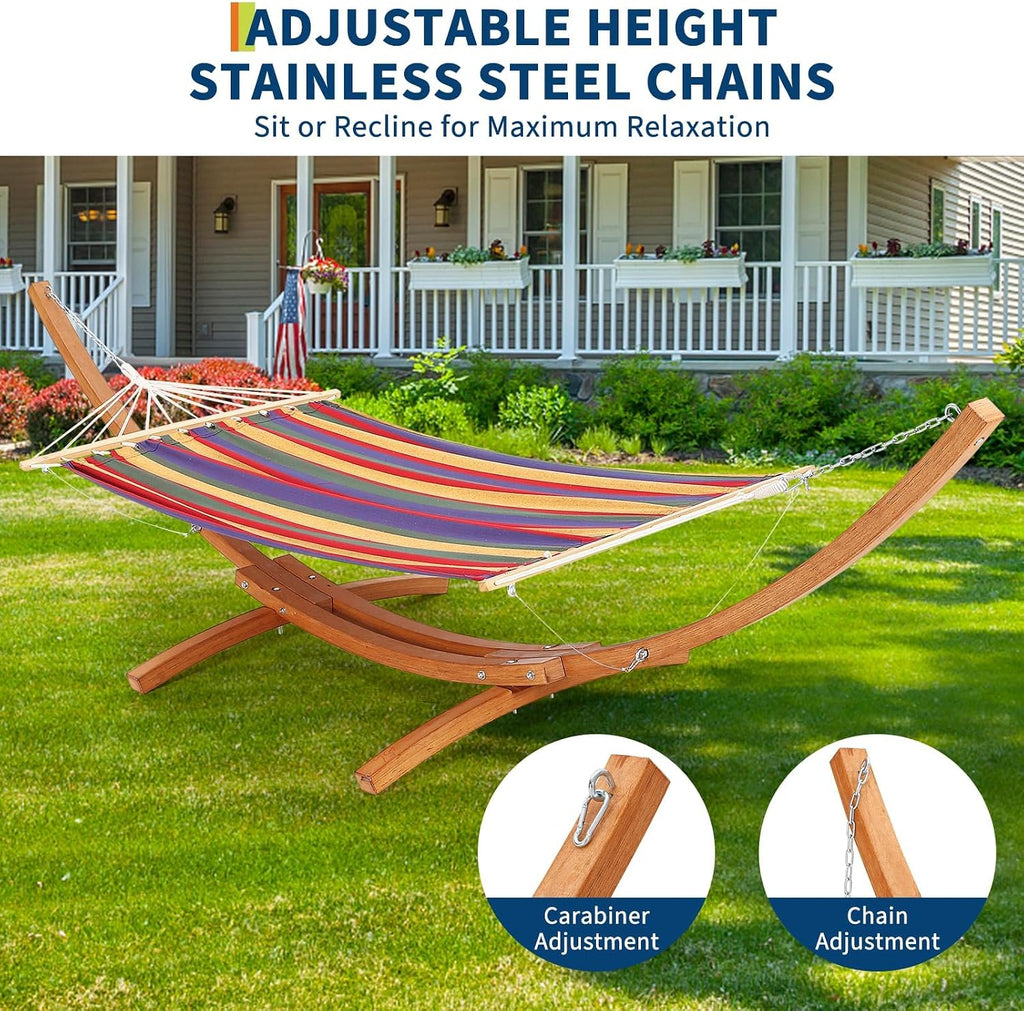 Wooden Curved Hammock Stand with Canvas Fabric Hammock | 475 LBS Heavy Duty Anti-Tipping Frame, Rainproof & Quick
