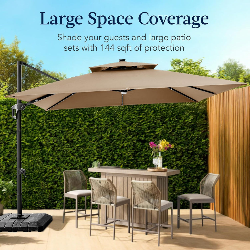12x12ft LED Cantilever Patio Umbrella w/Base Included & 360° Rotation - Tan