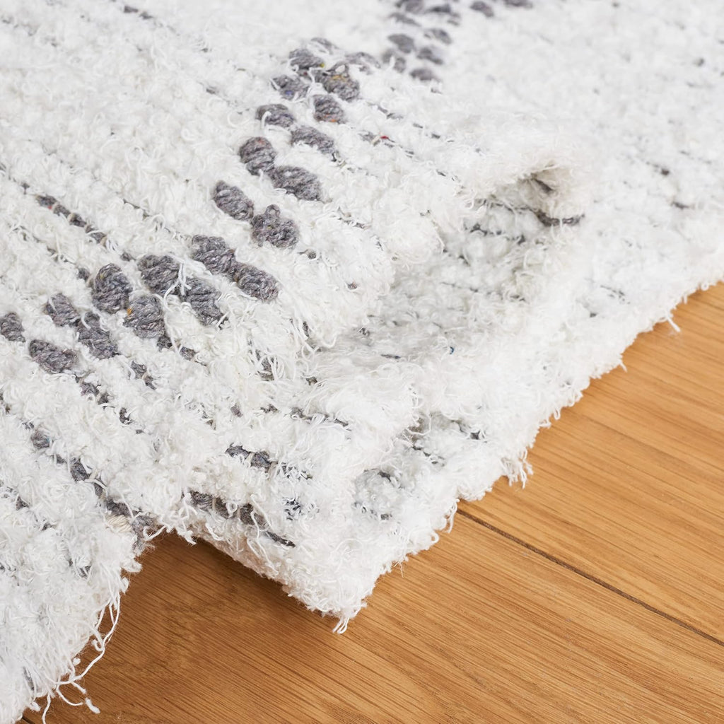 Area Rug - Casablanca Collection - Large - Ivory & Grey, Handmade Cotton, Moroccan Boho Fringe, Ideal, Dining
