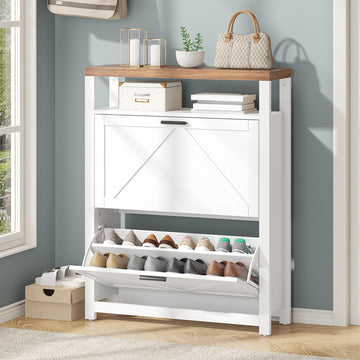 White Wood Shoe Storage Cabinet with 2 Flip Drawers & Open Storage Shelf, Farmhouse Shoe Organizer Cabinet with Barn