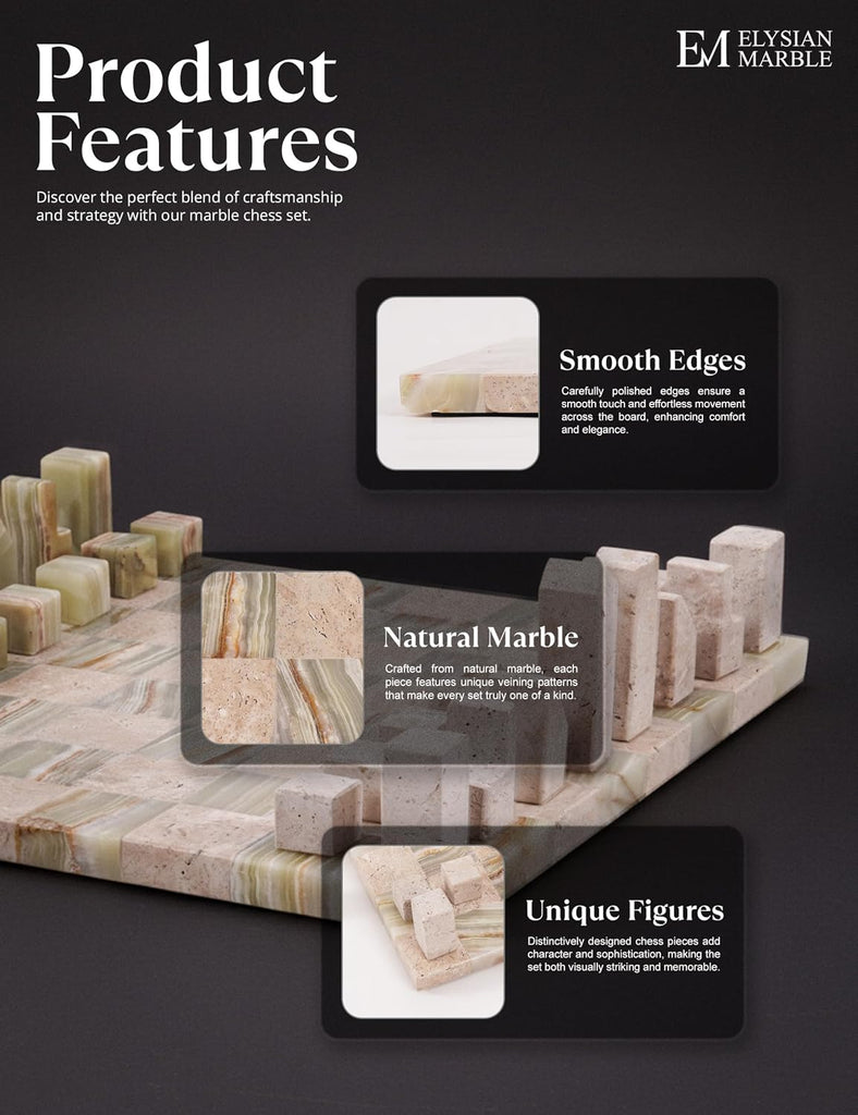 Modern Chess Set - Handcrafted Borderless Marble Chess Board with Minimalist Geometric Pieces, Luxury Decorative