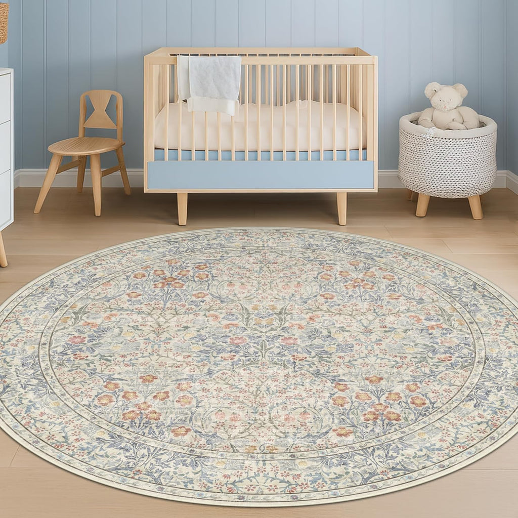 Beige Blue Round Nursery Rug 5ft - Pastel Circular 5x5 Rug for Kids Room, Living Room, Bedroom, Playroom, Home