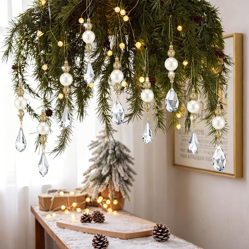 12 Pcs Pearl and Crystal Drop Ornaments for Christmas Tree Decor