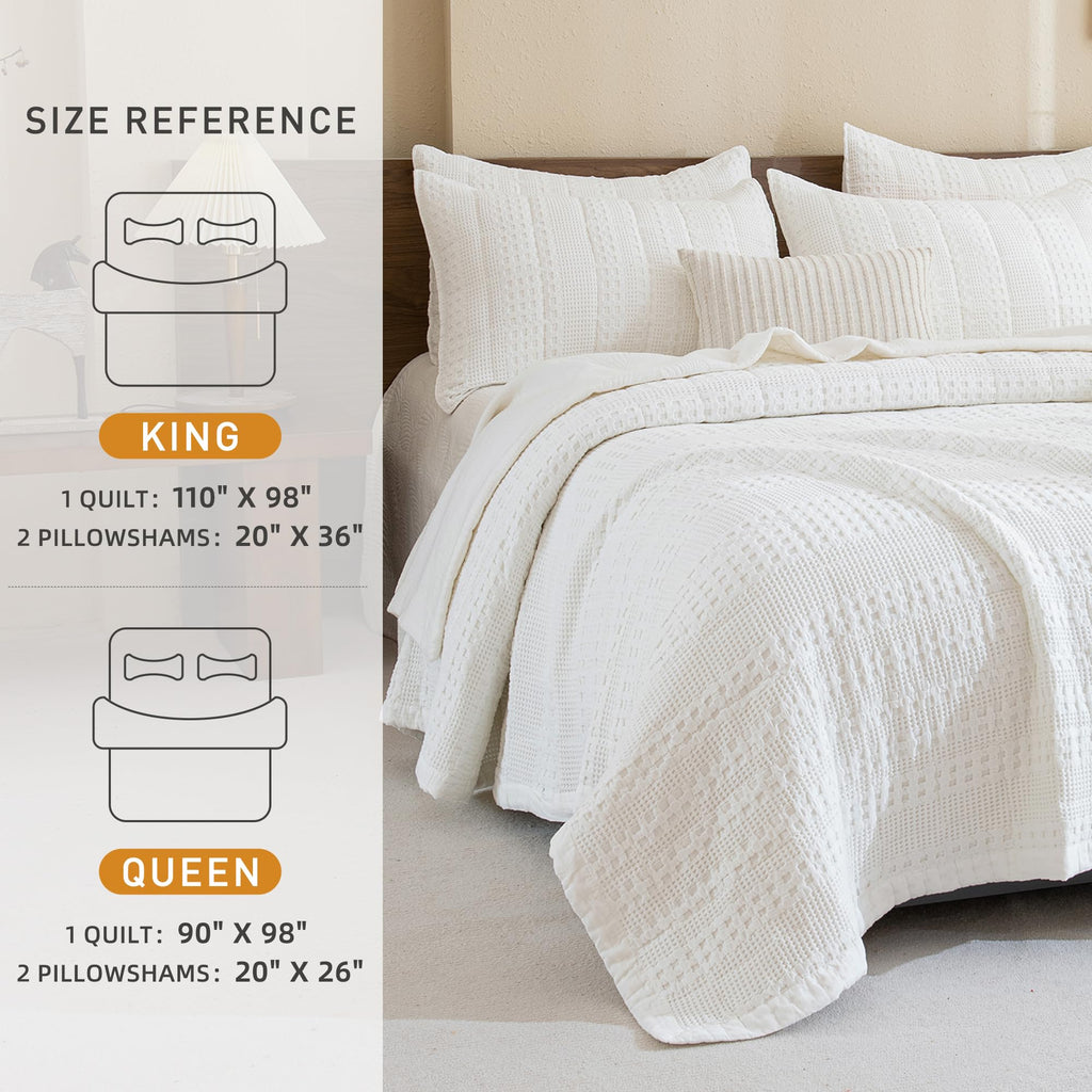 Cotton Quilt 110"x98", White Waffle Weave Bedspread, 3 Pieces Lightweight Ultra Soft Farmhouse