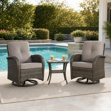 3 Piece Wicker Patio Swivel Rocker Set with Table, Brown/Grey | PE resin wicker, rust-resistant frame, glass top