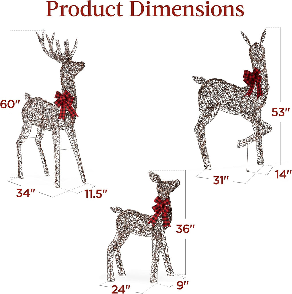 3-Piece Large Lighted Christmas Deer Family Set 5Ft Outdoor Yard Decoration with 360 LED Lights, Stakes, Zip Ties