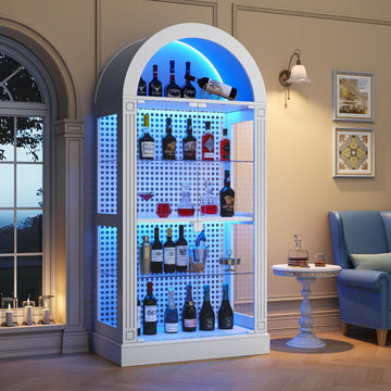 71" Arched Display Cabinet with Glass Doors and LED, 5-Tier Curio Cabinet with Roman Line Design and Pegboard, Glass