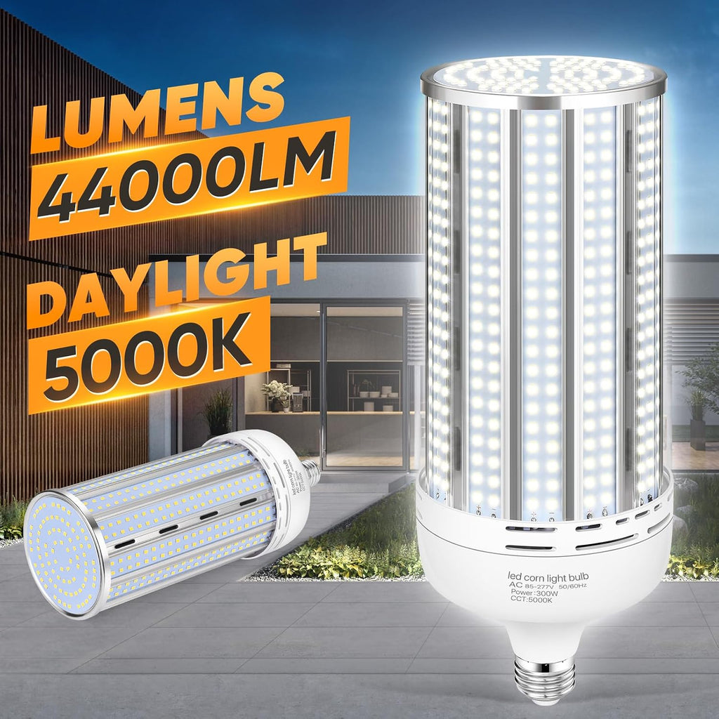 2 Pack 300W Corn LED Light Bulb Fanless,5000K Daylight(3000 Watt Equivalent) E26/E39 Large Mogul Base LED Cob Lamp