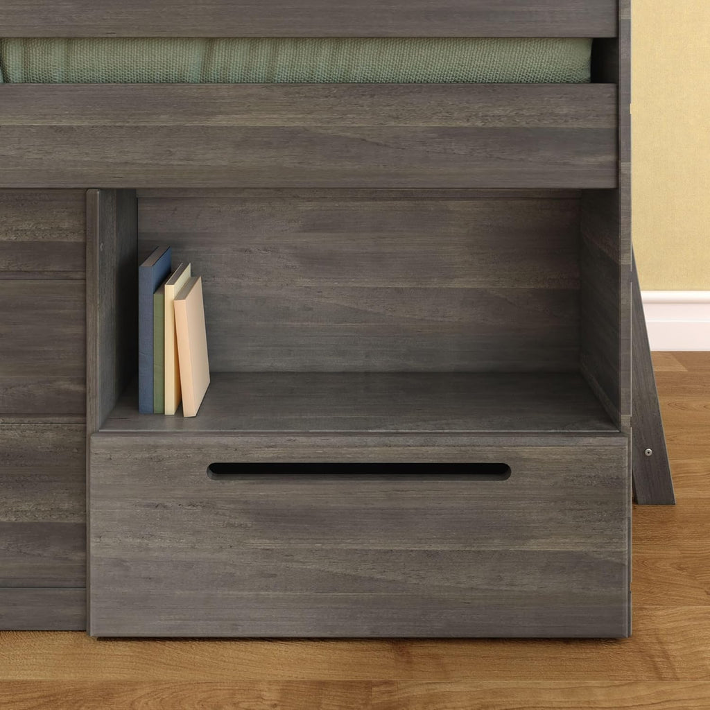 Loft Bed Twin, Solid Wood Low Loft Bed with Storage Drawer and Ladder, Modern Farmhouse Loft Bed for Kids, Driftwood
